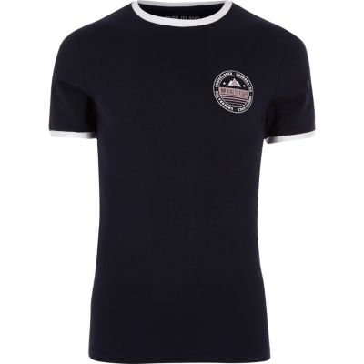 Navy blue tipped collar muscle fit T-shirt